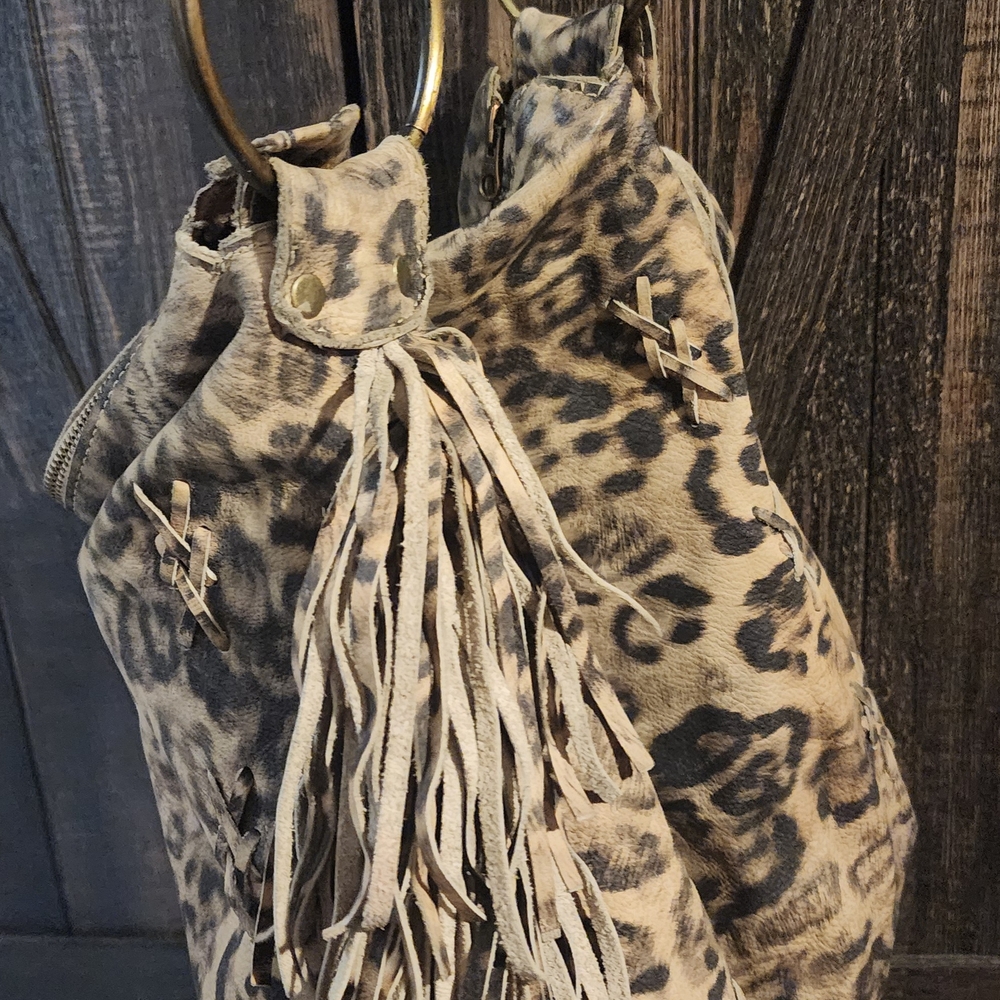 Leather Leopard Print Fringe Women's Bag - Picture 14 of 16